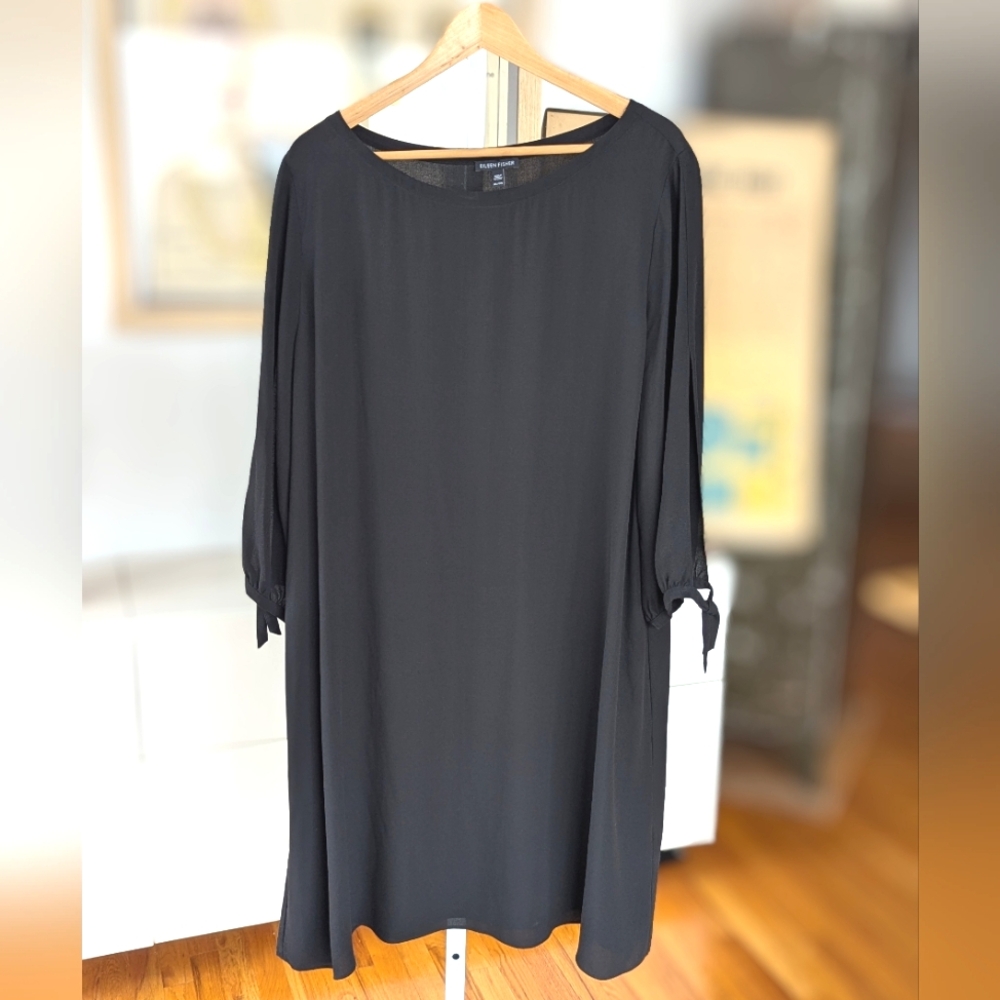 Silk tie sleeve black mini dress XL